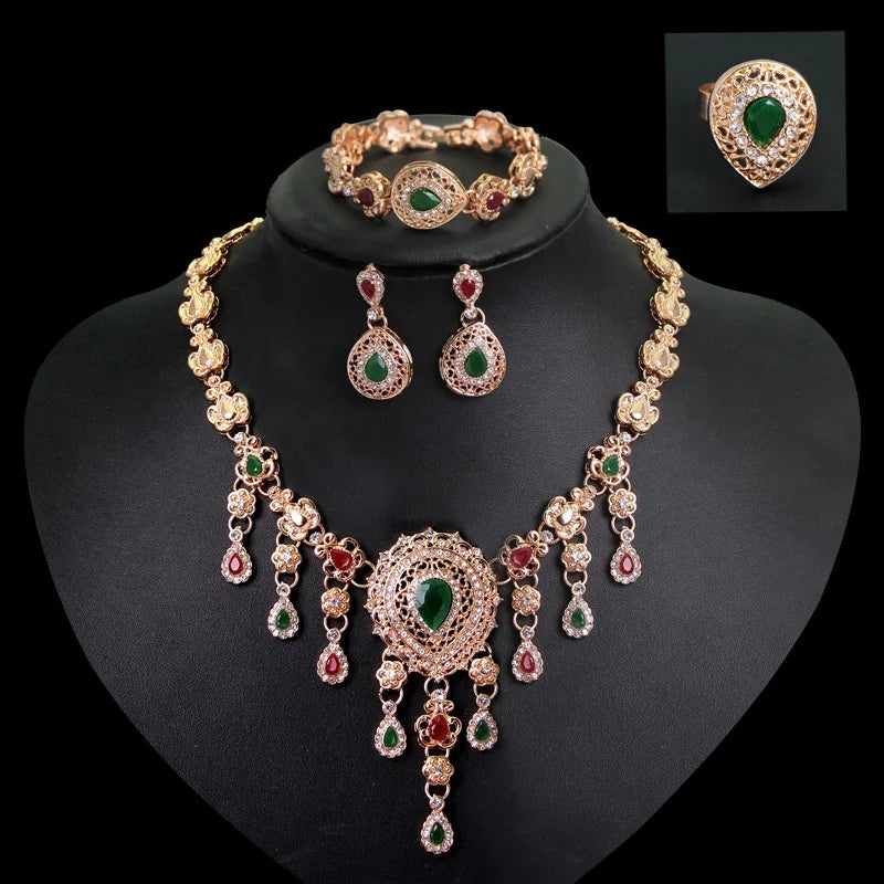 Light Jewelry Colorful Dubai Cheap Bridal Gold Plated Rhinestone Necklace Earrings Bracelet Ring Four Piece Jewelry Set - Hiron Store