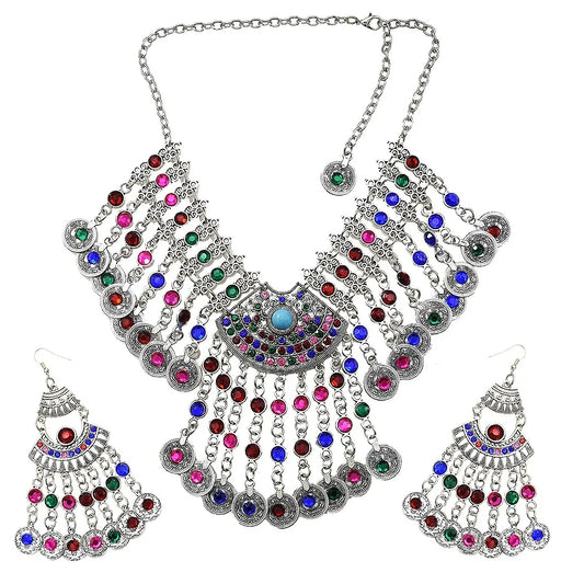 Bohemian colored gems set hollow coins tassel necklace earrings set fashion atmosphere inlaid ethnic jewelry - Hiron Store