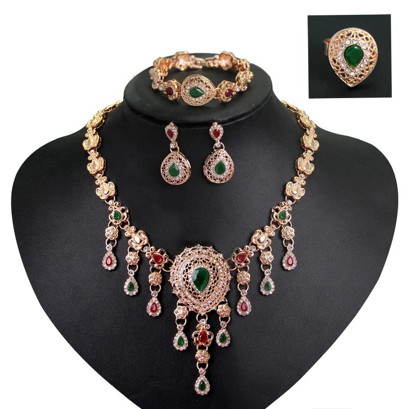 Light Jewelry Colorful Dubai Cheap Bridal Gold Plated Rhinestone Necklace Earrings Bracelet Ring Four Piece Jewelry Set - Hiron Store