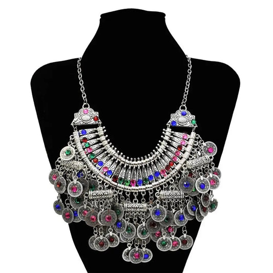 Silver Coin Tassel Rhinestone Statement Necklace Earrings Jewelry Sets For Women Vintage Style - Hiron Store