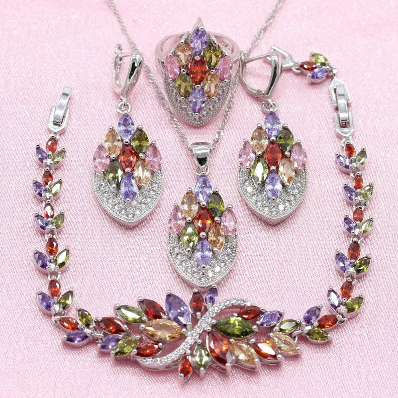 Multi Color Stones Dubai Silver Jewelry Set for Women Bracelet Earrings Ring Necklace Pendant - Hiron Store